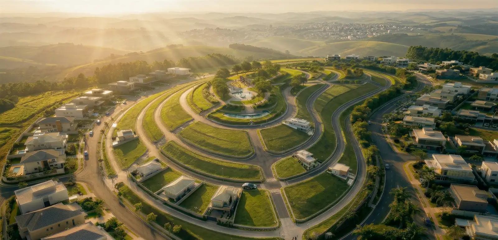 Vista aérea de loteamento com vias curvas, áreas verdes e casas ao entardecer