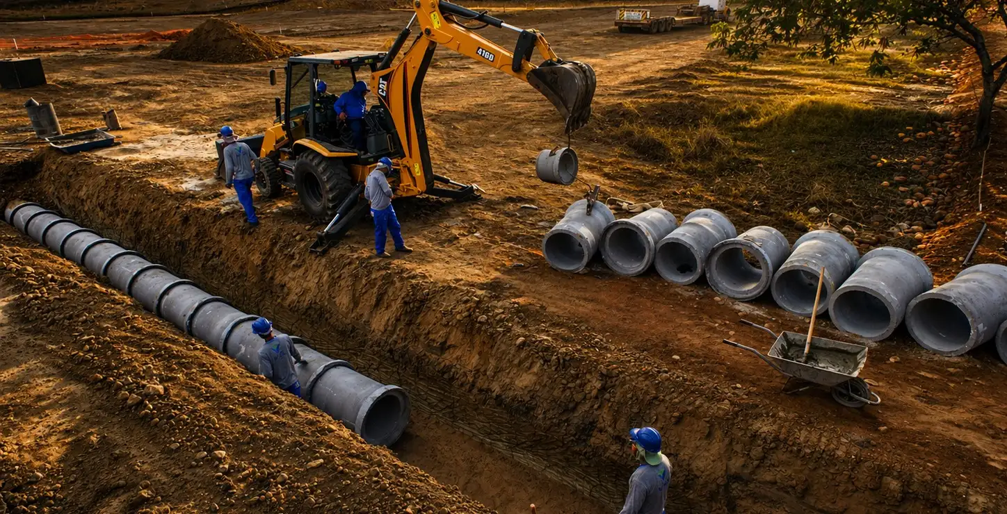 Equipe assentando tubos de concreto de rede de drenagem com retroescavadeira
